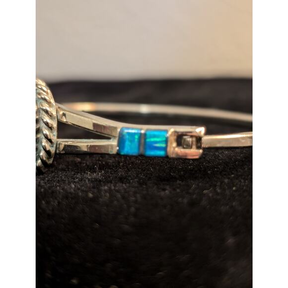 Vintage Mexico Artisan 925 Sterling Blue Opal Doublet Hinged Cuff Bracelet - Picture 7 of 15